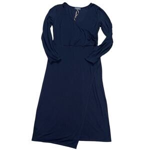Modcloth Faux Wrap Dress Size L Navy Blue Long Sleeve Knee Length Stretch Office